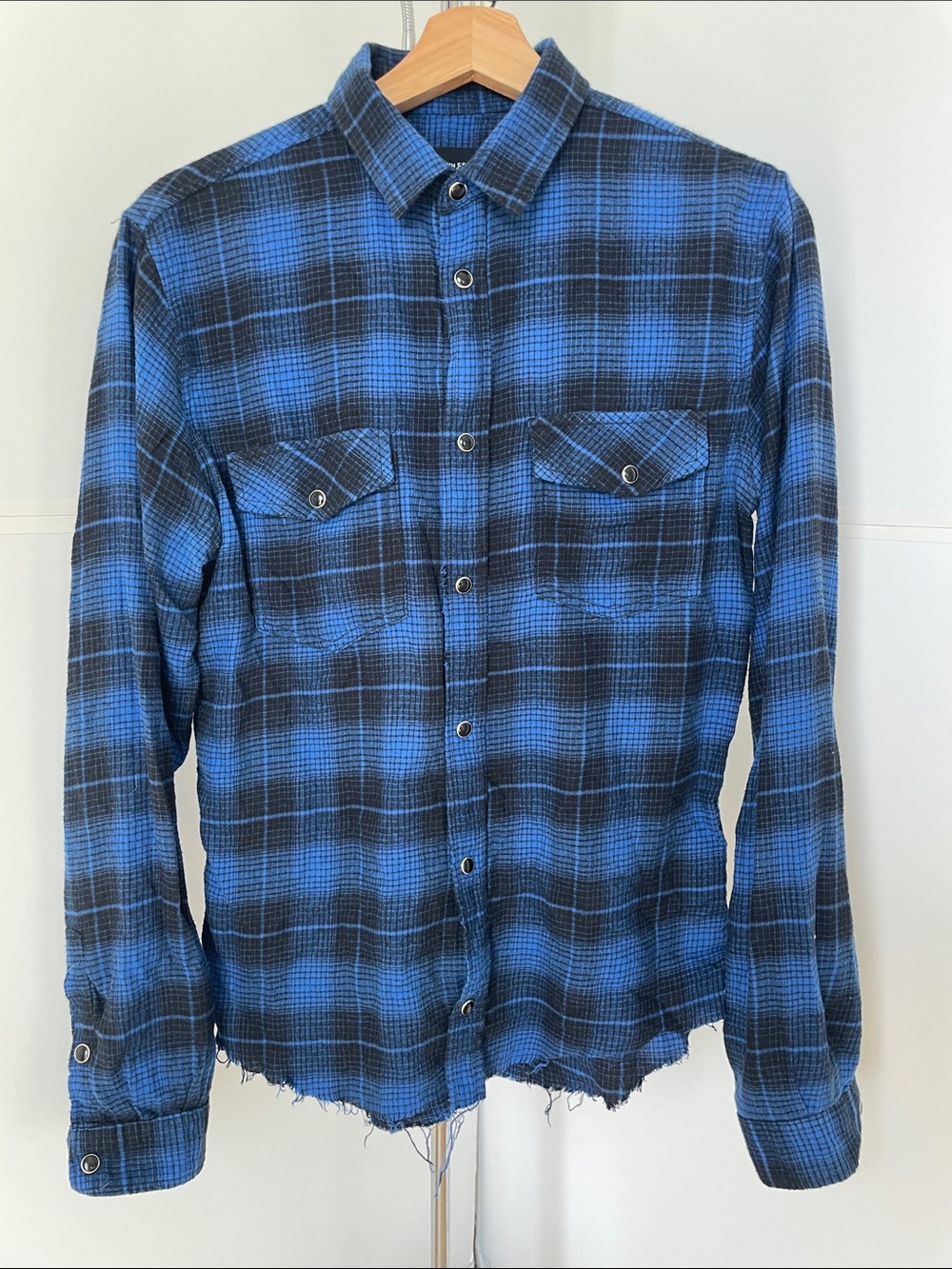 Men’s The Kooples Jeans Slim Blue Plaid Button Down with Frayed Hem. Size Small.